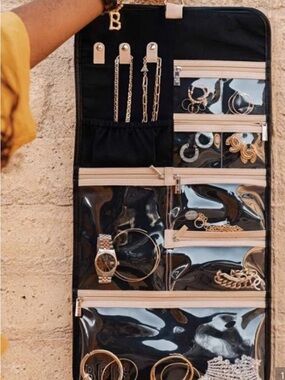 BEIS Black Jewelry Organizer with Beige Trim and Clear Pockets
